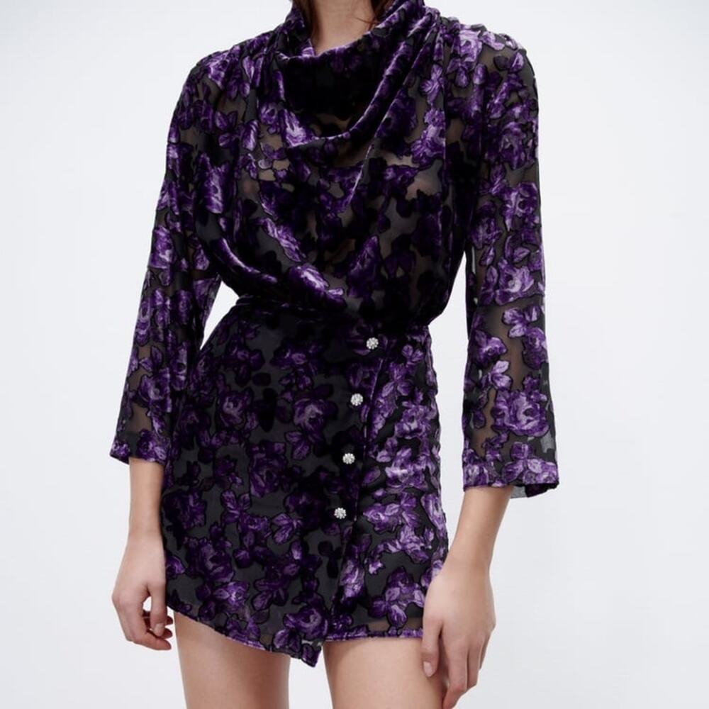 ZARA BLOGGER FAVORITE VELVET TRIM DRESS PURPLE - Picture 9 of 14
